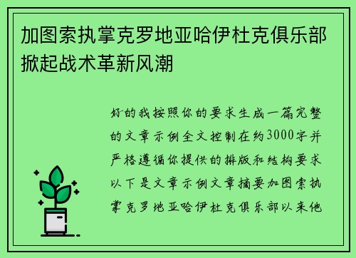 加图索执掌克罗地亚哈伊杜克俱乐部掀起战术革新风潮